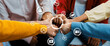 © InfiniteFlow - Startup company employee team stacking hand together symbolize successful group of business partnership and strong collective unity teamwork in community workplace in panoramic banner. Synergic Amity