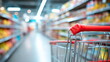 © xuxu - Shopping cart in a grocery store aisle. View from inside of empty supermarket trolley. Retail buying concept for consumer.