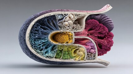 sectioned abstract object with diverse colorful textures and patterns on a gray background.