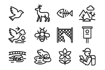 Naklejka na meble Biodiversity Icons Collection. Outline icon set of biodiversity and wildlife in mining areas: bird flying away, displaced deer,