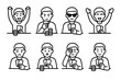 © Влада Яковенко - Card Player Emotions. Outline icon set of card player emotions: excitement, focus, bluffing, celebration, disappointment, surprise