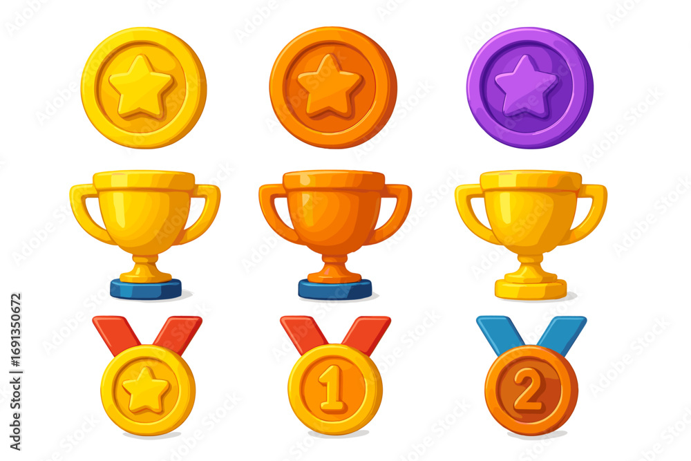 Game reward icon set. 3D cartoon trophies, gold coins, and winner ...