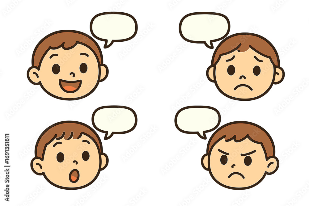 Boy face expressions cartoon set for emotional learning. Happy, sad ...