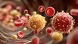 © Oleh - Microscopic view revealing cancer cells releasing microvesicles into the bloodstream, promoting metastasis and fueling tumor growth within the circulatory system