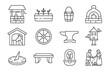 © Coosh448 - Courtyard Life Icon Set. Outline icon set of Courtyard life & crafts: central well, herb garden bed, water bucket, bread oven arch