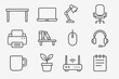 © Павел Озарчук - Home Office Icon Set. Outline icon set of home office setup: desk, laptop, lamp, chair, printer, bookshelf,