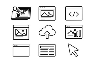 Business Website Icon Set. Outline icon set of A person building a business website: laptop, website layout,