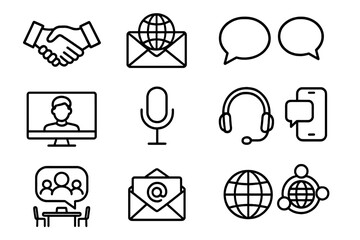 Wall Mural - Global Communication Icons. Outline icon set of international communication: handshake, envelope with globe, speech bubbles, video
