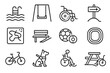 © Coosh448 - Inclusive Recreation Icons. Outline icon set of inclusive recreational spaces: accessible swimming pool, playground swing,