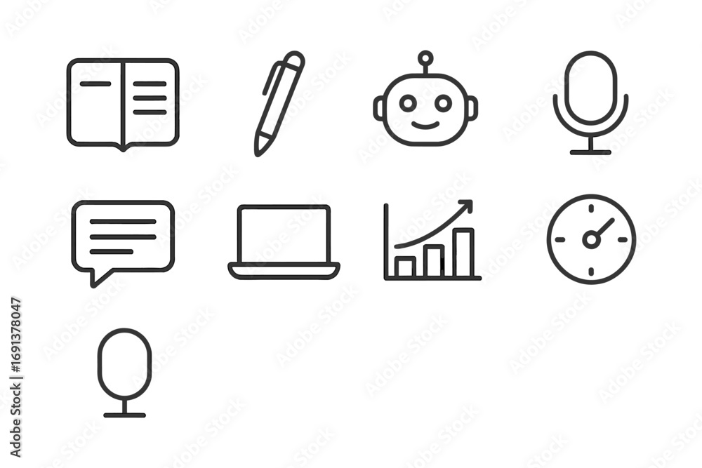 AI Note-Taking Icons. Outline icon set of AI note-taking: notebook, pen ...