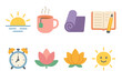 © Coosh448 - Morning Mantra Icons. Flat vector mini-illustrations Morning mantra routine in colors children's illustrations: sunrise, cup of