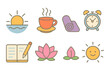 © Coosh448 - Morning Mantra Icons. Flat vector mini-illustrations Morning mantra routine in colors children's illustrations: sunrise, cup of