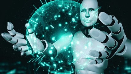 Wall Mural - ai hominoid robot holding hologram screen shows concept of global communication network using artifi