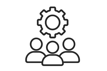 Teamwork collaboration line icon. Group of people with gear symbol for business management. Project development process, workforce organization, engineering and settings concept.