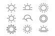 © ZaraStudio - Sun line icon set. Minimalist outline symbols for weather apps and web design. Vector collection of sunrise, sunset, and sunshine pictograms with editable stroke for UI/UX.