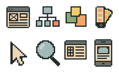 Web development flat icons set. featuring website, sitemap, design, palette, cursor, search, and mobile symbols.