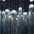 © Mariela - Science fiction scene featuring humanoid aliens in experimental glass tubes in a futuristic laboratory. A disturbing and mysterious atmosphere reflecting advanced technology and biogenetics.