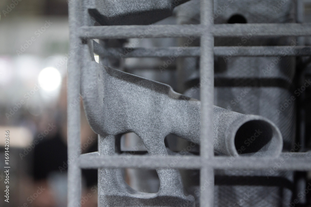 Object printed on 3D printer from molten plastic powder close-up. Model ...