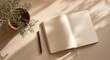 © nurlela - Open notebook, plant, pen on beige surface