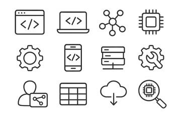 Technology development outline icon set with coding, network, software symbols, computer chips, gears, mobile coding, cloud download, data tables, and analysis tools in vector style
