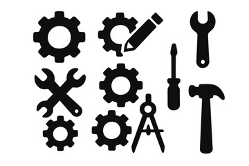 Tool icon set. Gear, cog, settings, configuration symbols. Engineering and construction. Repair service. Hammer, wrench, screwdriver, pencil, compass. Simple flat vector icons.