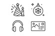 © Charlie - Party and holiday celebration line icon set. Birthday hat, candle, Christmas ornament, headphones for music, and travel postcard. Minimalist linear pictograms with editable stroke.