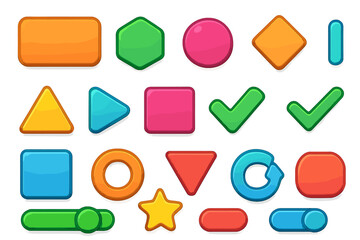 Set of colorful cartoon buttons for game UI. Collection of glossy geometric shapes and icons. Play, checkmark, refresh, slider for web, app interface. Vector asset pack.