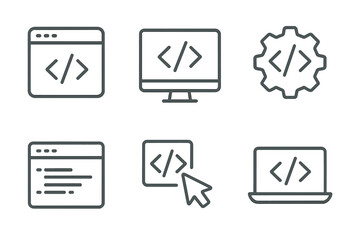 Coding and programming line icon set. Minimalist vector icons for web development, software engineering, and app design. HTML, CSS, script, and code symbols for UI/UX.