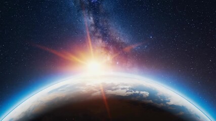 Wall Mural - In the cosmic expanse, planets and moons orbit stars. The sun rising in one hemisphere is a beautiful sight against the backdrop of star-filled skies.