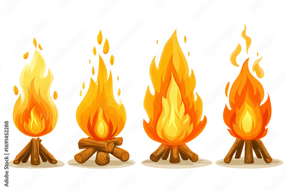 Four stages of a campfire, illustrated with orange and yellow flames ...