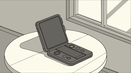 Portable handheld device with screen open on a table near a window.