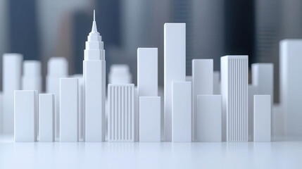 Minimalist city skyline model with various architectural shapes and a prominent spire, representing urban planning and modern design concepts