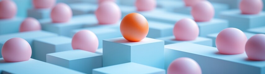 Soft pastel geometric maze with orange egg center, minimalist white cubes abstract background, gentle shadows and light, high resolution render