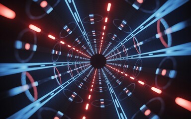 Wall Mural - a captivating tunnel of bright, neon lights in red and blue recedes into the distance, creating an i