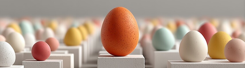 Soft pastel geometric maze with orange egg center, minimalist white cubes abstract background, gentle shadows and light, high resolution render