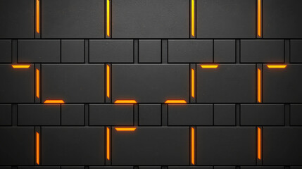 Wall Mural - Abstract background of black wall with luminous orange strips showcasing modern design elements, perfect for technology and urban themes