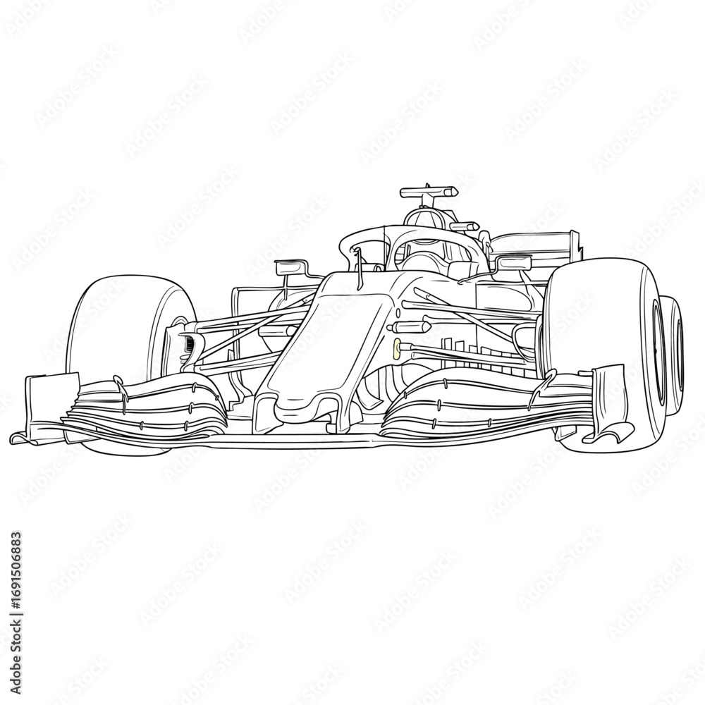 Front threequarter view line art illustration of a modern Formula 1 ...