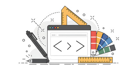 Creative concept illustrating the synergy of web development and graphic design, showing coding with user interface creation tools