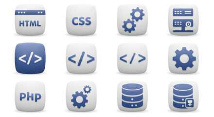 Collection of modern web development and programming icons featuring HTML, CSS, PHP, code, database, and server symbols for technology projects