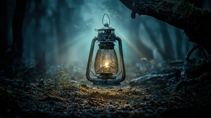 Wall Mural - Magical lantern glowing softly in misty forest, casting enchanting light on surrounding foliage, creating serene atmosphere