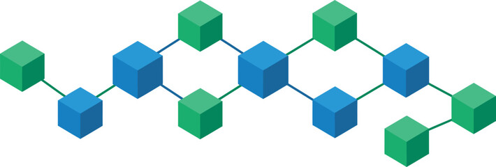 Interconnected Blue and Green Isometric Cubes Forming a Network Structure.