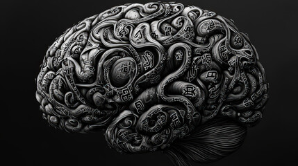  Highly detailed brain with intricate folds and patterns, showcasing blend of organic and abstract elements, evokes curiosity and wonder