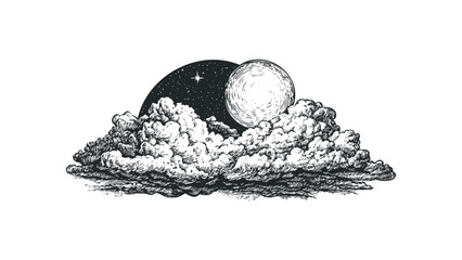 Wall Mural - Ink drawing of a full moon behind clouds on a starry night sky. Vector hand drawn illustration