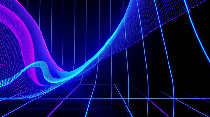 Abstract neon grid landscape with glowing particles and lines for futuristic background concept
