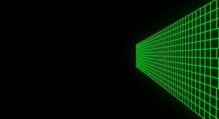 Retro 1980s style computer graphics showing a glowing green laser grid receding into a dark, endless digital horizon for a science fiction concept