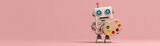 A cheerful robot holds a paint palette, showcasing creativity against a soft pink background, blending technology with artistic expression with space for text, cute teacher robot