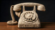 © Kashi - An Aged Rotary Dial Telephone with a Textured, Cracked Surface, Set Against a Dark Background on a Wooden Table