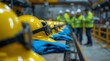 © Natti - A close-up, shallow depth of field shot focusing on a row of bright yellow safety hard hats, each with black safety goggles attached, neatly placed on a shelf or table in an industrial setting.