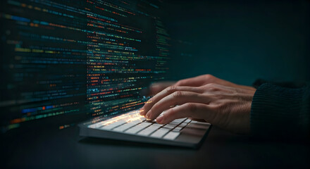 Close up of Hands Typing on a Keyboard with Futuristic Code Displayed on a Dark Background, Evoking a Sense of Innovation and Cybersecurity