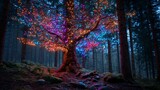 Illuminated tree in a misty forest. Colorful fairy lights adorn a large tree, casting a magical glow on the surrounding woodland